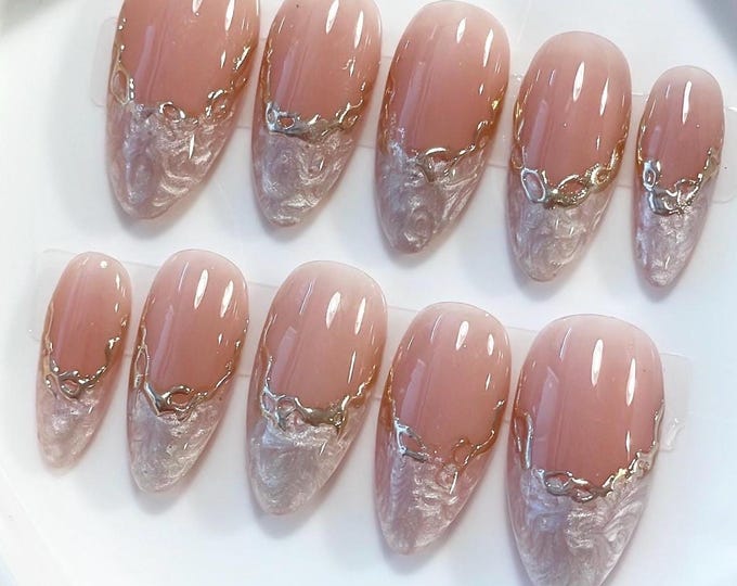 Pearl Embrace | Chrome-lined Pearl Swirl French Tips | Classic nails | elegant nails | Bridal nails | summer nails | Handmade Press on Nails