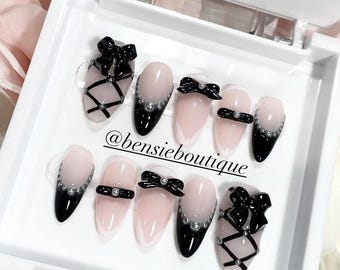 Black Coquette x Balletcore Press on Nails | French Tip nails | Metal Bow Tie Nails | Lace nails | extra short to 3XL press on nails