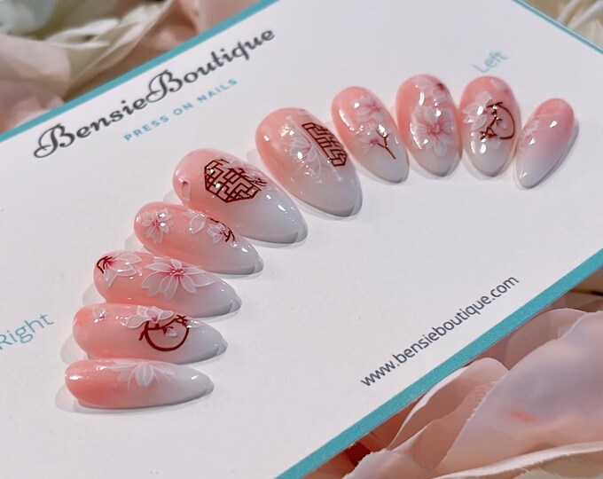 Pink Ombré with Flowers Press on Nails | Dainty Nails | Classic Nails | Pink and White Nails | Limited shapes and lengths