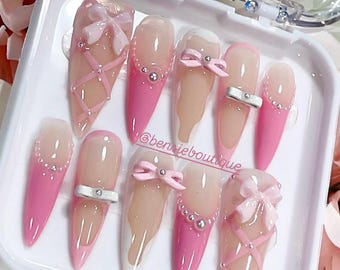 Pink Coquette x Balletcore Press on Nails | French Tip nails | Metal Bow Tie Nails | Lace nails | extra short to 3XL press on nails