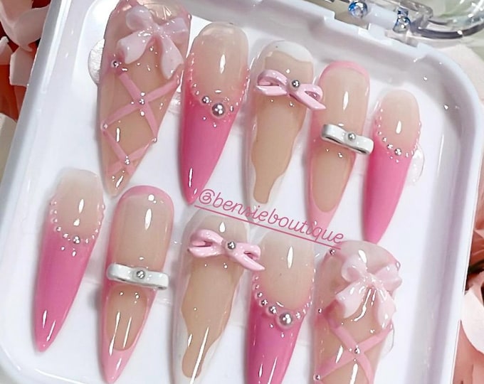 Pink Coquette x Balletcore Press on Nails | French Tip nails | Metal Bow Tie Nails | Lace nails | extra short to 3XL press on nails