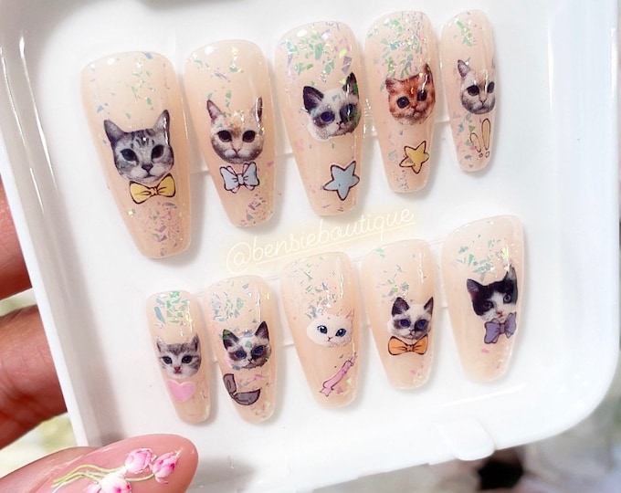 Meow Cute Cat Faces press on nails | Cat portraits | Glitter Nails | Nude Nails | extra short to 3XL nails
