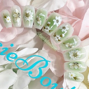 Ready to Ship Size SMALL Milky White and green aura press on nails with flowers image 2