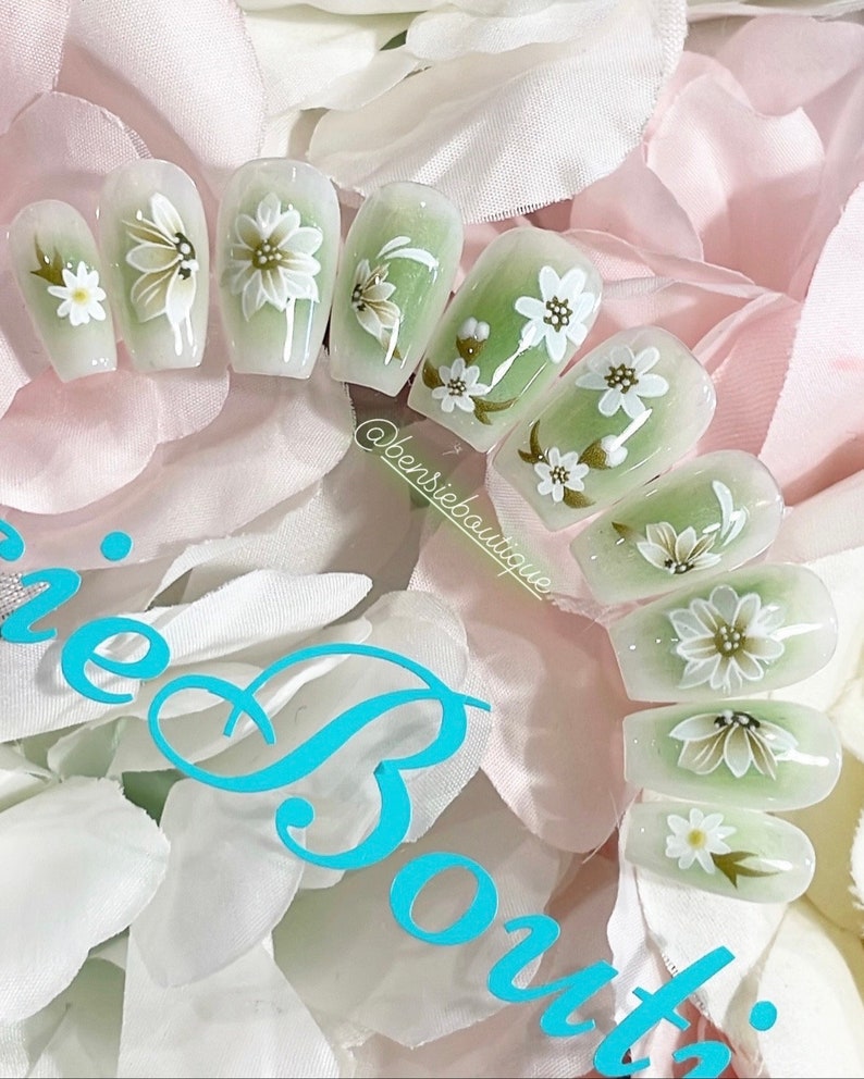 Ready to Ship Size SMALL Milky White and green aura press on nails with flowers image 2