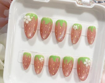 Pink Strawberry Cat Eye Nails
