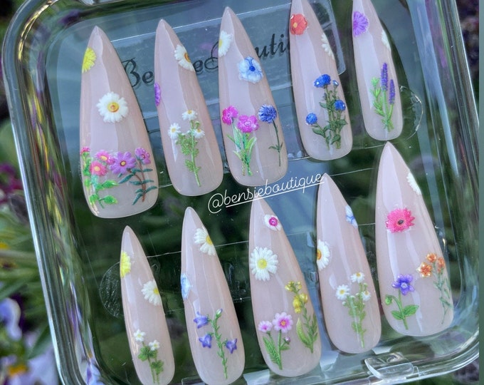 Wild Flower | Sheer Nude press on nails  flower decals | flower nails | cute spring nails | summer nails |  short and long press on nails