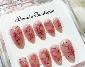 Cherry Blossom - Pink + Glitter Sakura Festive press on nails - Almond | Stiletto