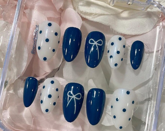 Blue and White Press On Nails: Blue Polka Dot and Bow Accent