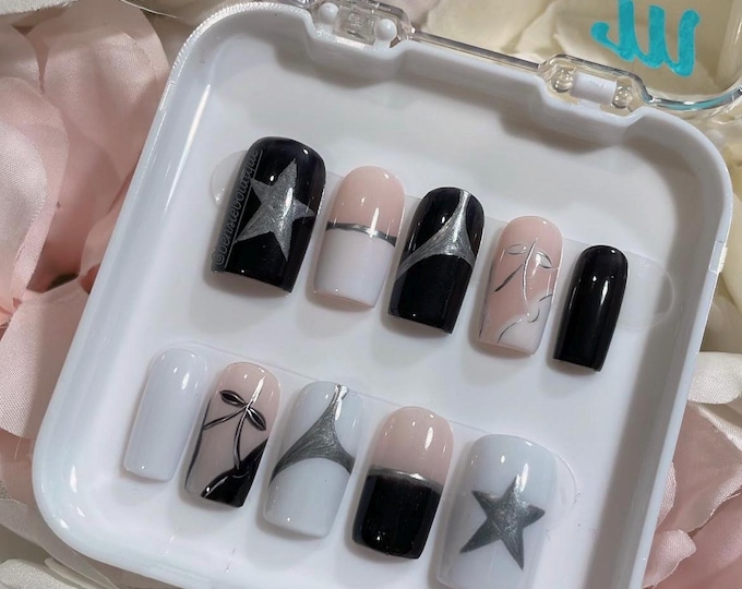 Mono-CHROME Cyber-core Press On Nails: Black and White Nails with Silver details