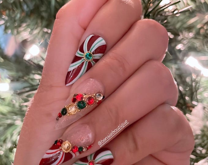 Red, Green + White Holiday Peppermint Swirl Press on Nails w/ Bling Details | Glitter nails | 3D Bling | Cat eye nails | Jewel tone nails