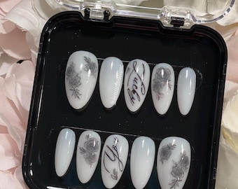 Lucky You | Milky White press on nails with Black Flowers | Calligraphy nails | Script nails | short and long press on nails