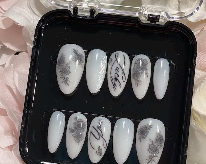 Milky White Press On Nails | Black Flower Calligraphy, Almond Shape