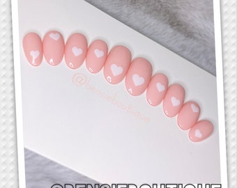 Pink Nails with white hearts | Press on Nails