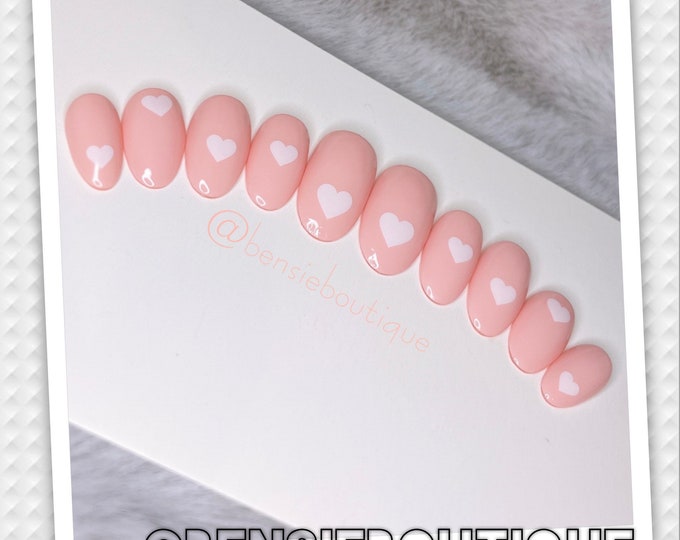 Pink Nails with white hearts | Press on Nails