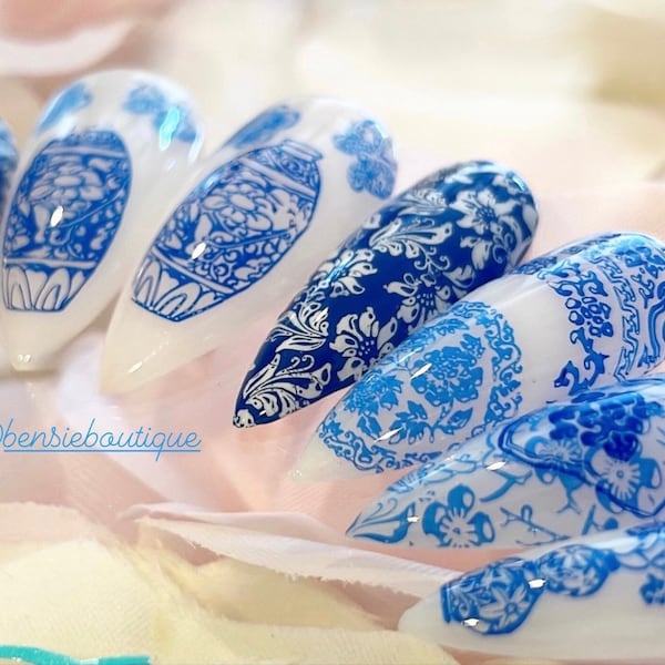 Fine China | Milky White ceramic inspired press on nails | Vintage Nails | Blue and White Nails | extra short to 3XL nails