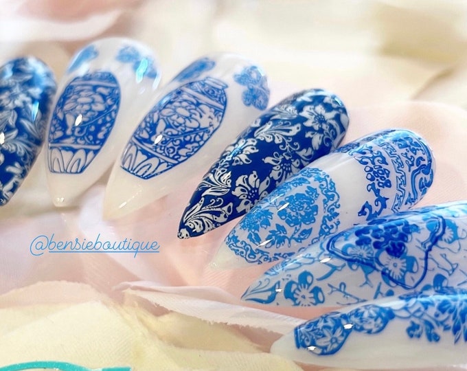 Fine China | Milky White ceramic inspired press on nails | Vintage Nails | Blue and White Nails | extra short to 3XL nails
