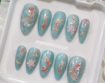 Magnetic Koi Pond Press on Nails | Blue Press on Nails | Asian press on nails | Water Ripple Cat Eye Nails | extra short to 3XL nails