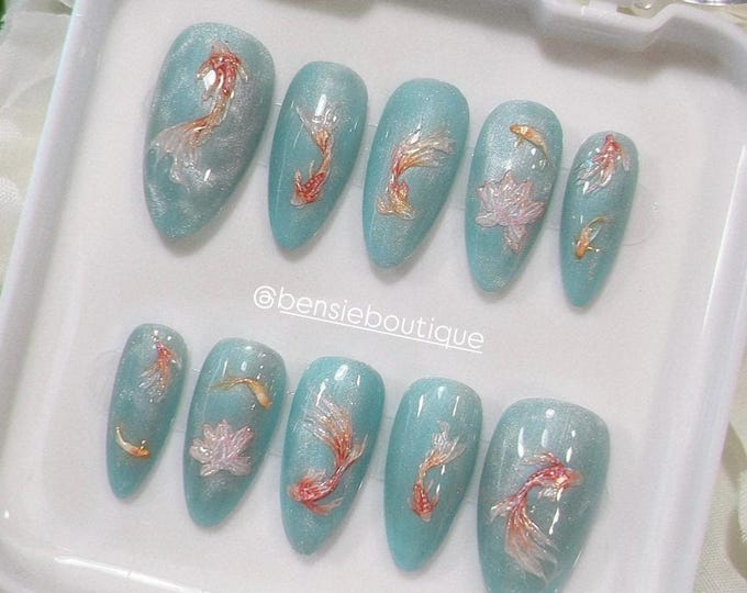 Magnetic Koi Pond Press on Nails | Blue Press on Nails | Asian press on nails | Water Ripple Cat Eye Nails | extra short to 3XL nails