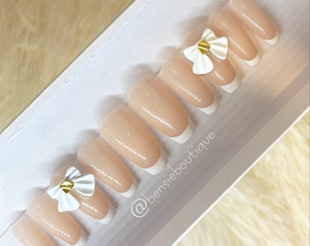 Thin French Manicure with Sheer Jelly Nude base | Thin French | Skinny French | Short French Tip Nails | 3D bow tie | press on nails