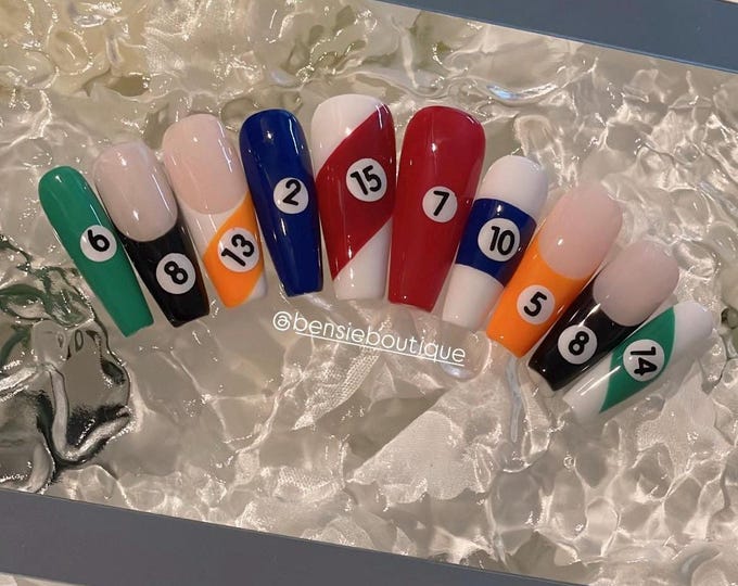 Pool Time | Handmade Billiards Nails | Snooker Nails | Eight Ball | French Tip nails | Mash up Nails | Mismatch nails | Retro nails