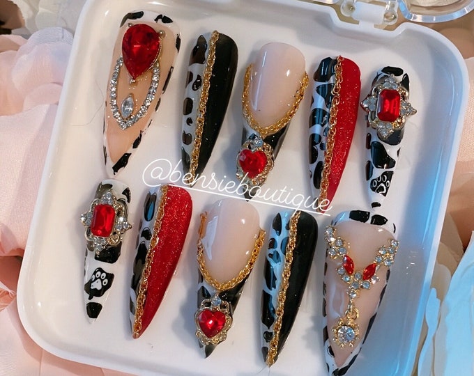 Red, Black + White Nails Press on Nails w/ Gold Details | Dalmatian Nails | 3D Bling | Chain Nails | Spotted Nails | Red Jewel tone nails