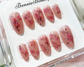 Ready to Ship - Cherry Blossom - Pink + Glitter Sakura Festive press on nails - Almond | Stiletto *refer to pictures for layout of sets*
