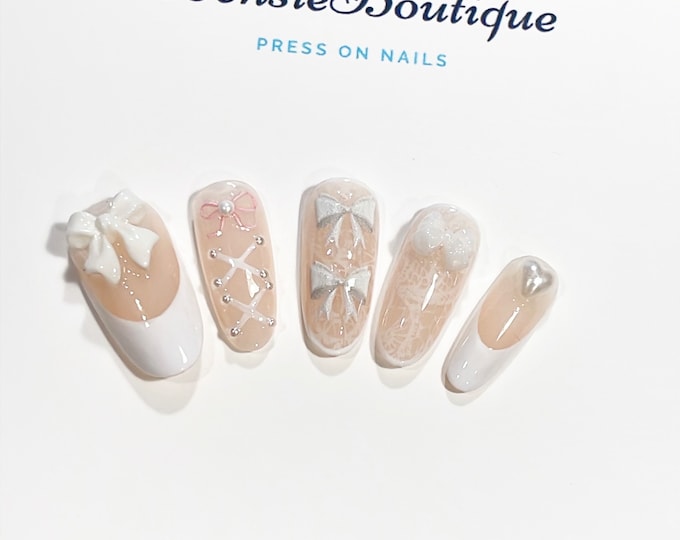 Light Coquette x Balletcore Press on Nails | French Tip nails | Bow Tie Nails | Lace nails | extra short to 3XL press on nails Canada USA