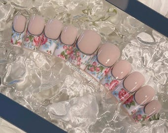 Floral French Tip press on nails | Romantic Nails | Spring Nails | Flower Nails | extra short to 3XL nails