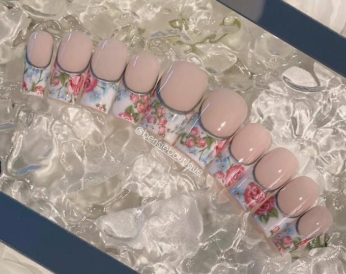 Floral French Tip press on nails | Romantic Nails | Spring Nails | Flower Nails | extra short to 3XL nails