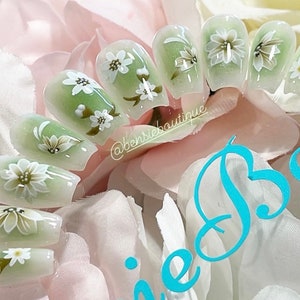 Ready to Ship Size SMALL Milky White and green aura press on nails with flowers image 1