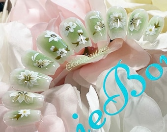 Ready to Ship - Size SMALL - Milky White and green aura press on nails with flowers
