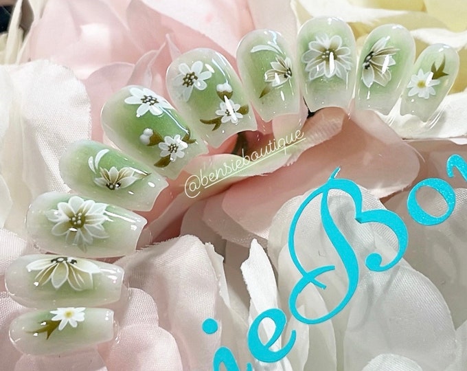 Milky White and green aura press on nails with flowers | flower nails | cute spring nails | summer nails |  short and long press on nails