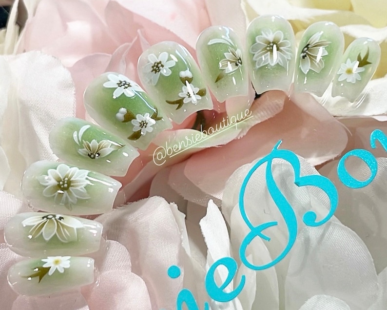 Ready to Ship Size SMALL Milky White and green aura press on nails with flowers image 1