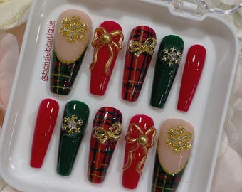 Winter Plaid Bling Press On Nails: 3D Nails, Bejeweled Nails, 3D Bow, Winter Nails