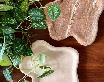 Minimalistic Organic Shaped Wavy Solid Beige and Red Travertine Tray, Catch All