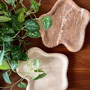 Minimalistic Organic Shaped Wavy Solid Beige and Red Travertine Tray, Catch All