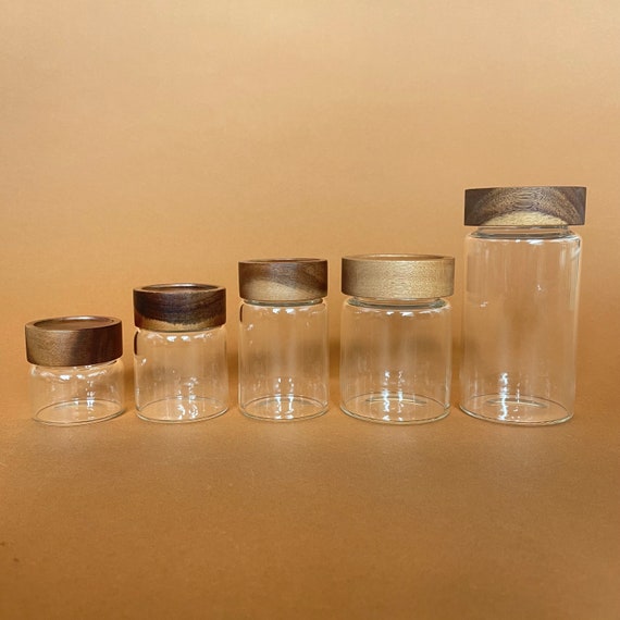Wood Lid Twist Top Minimalistic Glass Kitchen Storage Glass Container,  Glass Jar, Spice Jar, Food Storage/canister/kitchen Organization 