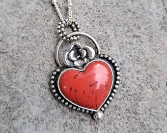 pink red heart necklace Boho gemstone heart sterling silver vintage pendant antique gemstone necklace heart pendant gift for her