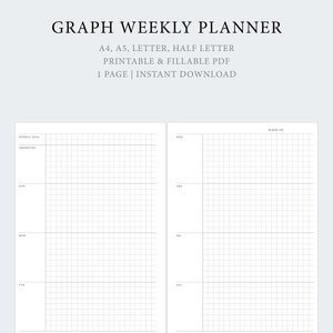 Könnte beinhalten: Ein druckbarer Wochenplaner mit Rastergrafik. Der Planer enthält Abschnitte für Wochenziele, Prioritäten und die tägliche Planung von Sonntag bis Samstag. Der Text oben lautet "GRAPH WEEKLY PLANNER" und "A4, A5, LETTER, HALF LETTER PRINTABLE & FILLABLE PDF 1 PAGE | INSTANT DOWNLOAD."