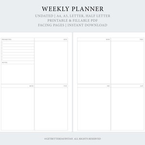 Printable Weekly Planner, Undated, Fillable PDF, A4 A5 Letter Half Letter