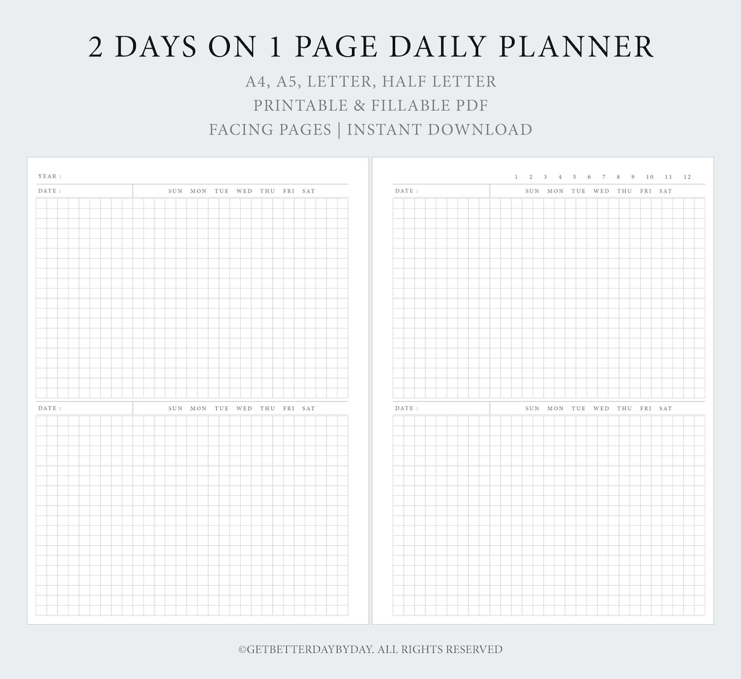 Daily Plan Grid Grid Daily Printable Planner | 2 Days per Page | Fillable PDF | Instant ...