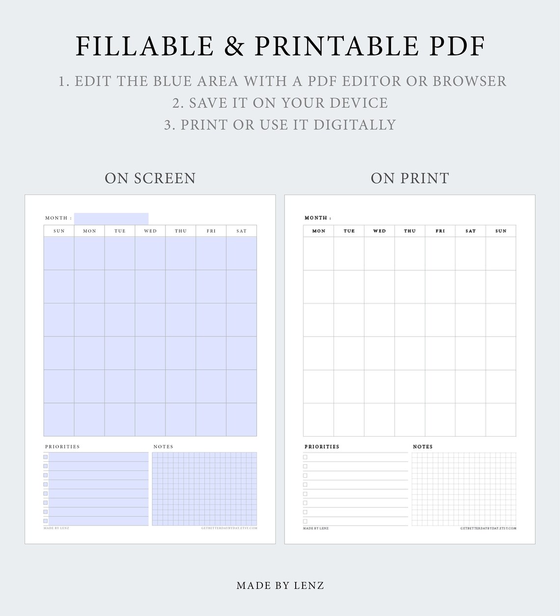 Printable Undated Monthly Planner Editable and Fillable PDF One Page ...