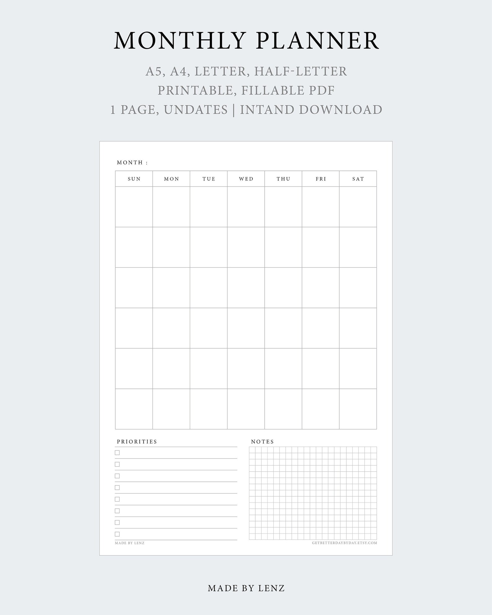 Printable Undated Monthly Planner | Editable and Fillable PDF | One ...