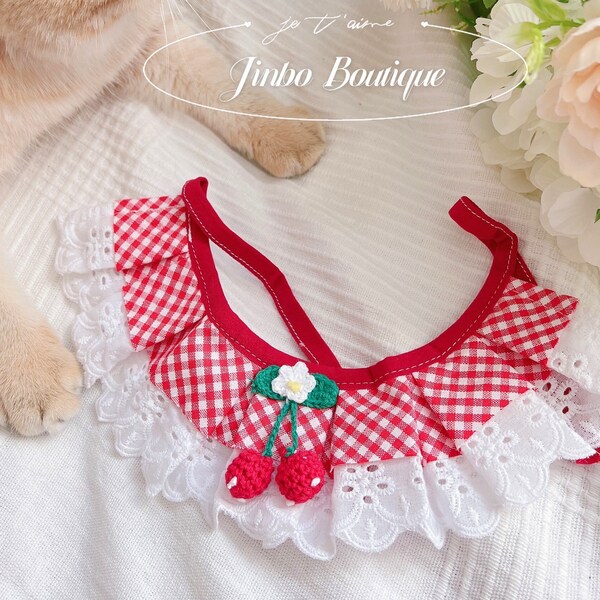 Red Plaid Cherry White Lace Ruffled Collar For Cats Dogs Bunny Pets, Cute Pet Neckwear Accessories, Comfortable Adjustable size