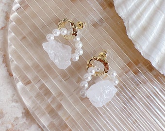 White Druzy Quartz Pearl Hoop Earrings | Raw Stone Jewelry Sterling Silver | Minimalist Stylish Gift Wedding Holiday Christmas Vintage