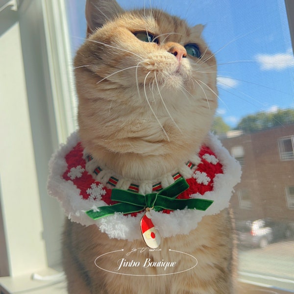 Christmas Velvet Bell Bow Santa Knitted Yarn Pet Collar | Adjustable sizes | Tie up  Comfortable Cat Neckwear Holiday Gift Halloween Costume