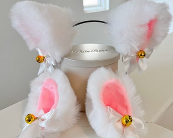 Cat Ear Fluffy Headband Pink White Soft Fur | Costume Hair Accessories | Halloween Easter Cosplay Anime Handmade Gift Pet Lover