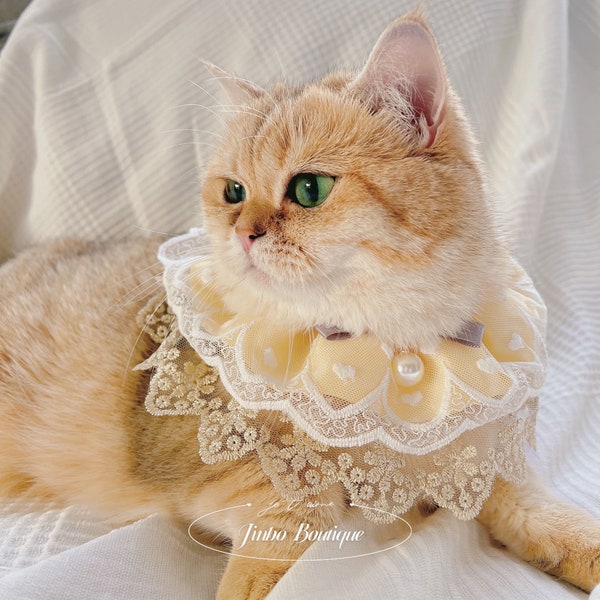 Creamy Yellow Golden Lace Bow Pearl Ruffled Collar | Cute Cat Handmade Neckwear Accessories | Birthday Pet Thanksgiving Gift Kitten Puppy