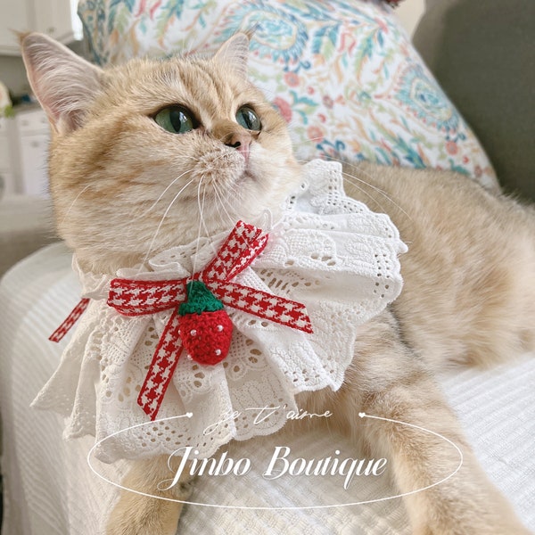 Knitted Strawberry Ribbon Bow Lace Collar  | Cute Cat Handmade Neckwear Accessories | Birthday Pet Thanksgiving Chritmas Gift Kitten Puppy