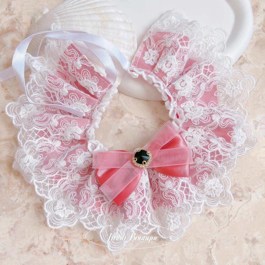 Rose Pink Royal Lace Ribbon Bow Cat Collar With Gem Cute Pet Handmade